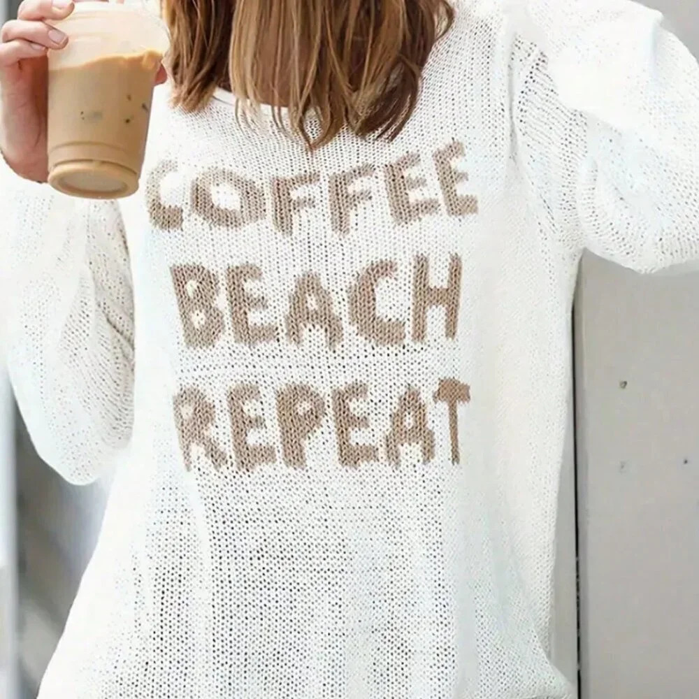 White Casual Women's Round Neck Long Sleeve Side Split Letter Knitted Sweater